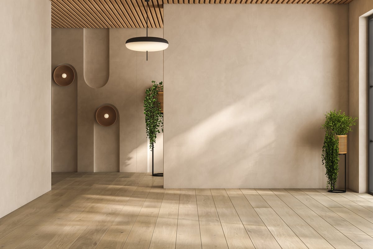 Modern interior design of apartment, empty living room with beige wall