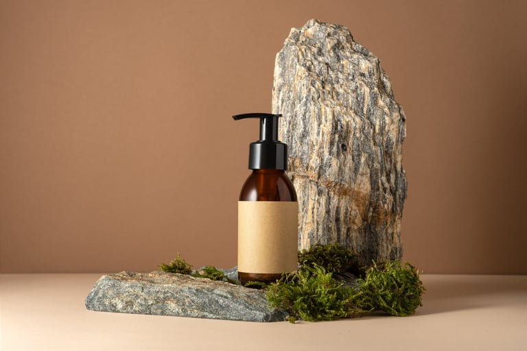 Minimal amber cosmetic bottle mockup with pump and blank kraft label on stone and moss background. Perfect for organic skincare, eco product branding, or natural beauty presentations.
