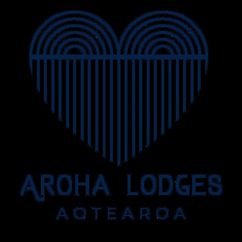 Aroha Lodges logo featuring a blue heart shape made of concentric arcs and vertical lines, with text below reading Aroha Lodges and Aotearoa