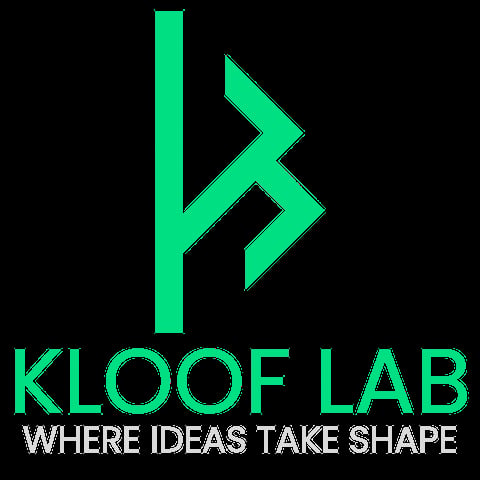 Kloof Lab logo with green geometric design and tagline Where Ideas Take Shape on black background