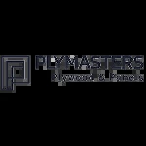 Plymasters logo featuring geometric square design with company name and tagline about wood and panels