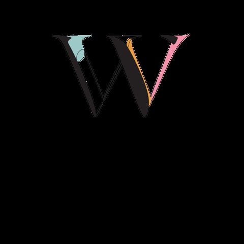 Stylized letter W with colored accents in light blue, orange, and pink on black background