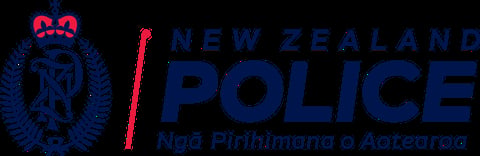 New Zealand Police logo with emblem and text in navy blue and red on black background