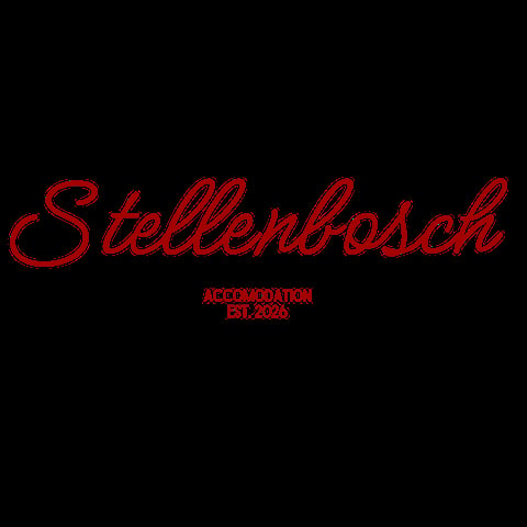 Stellenbosch logo in red script with Accommodation Est. 2020 text below on black background