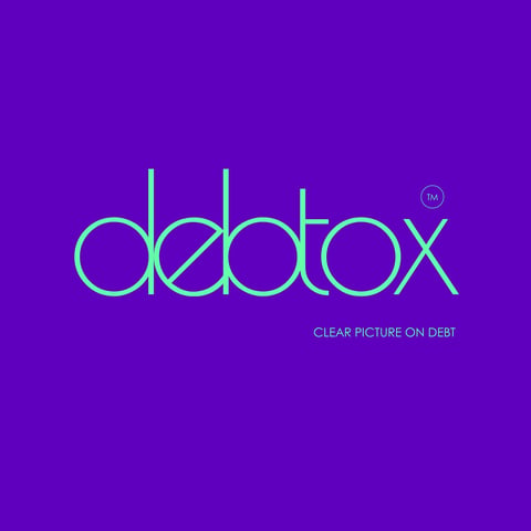 Debtox logo with tagline Clear Picture on Debt on vibrant purple background