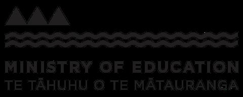 Ministry of Education logo with three triangular peaks and wavy lines above bilingual text in English and Maori