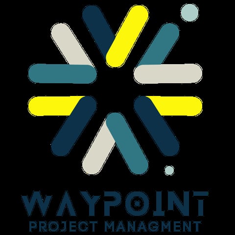 Waypoint Project Management logo featuring a yellow and teal geometric star design with rounded bars on black background